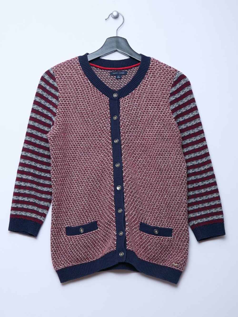 Tommy Hilfiger 100% Cotton Knit Button Up Cardigan Red White Navy grandma preppy